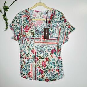 Punt Roma Floral Boho Tassel Short Sleeve Blouse NWT
